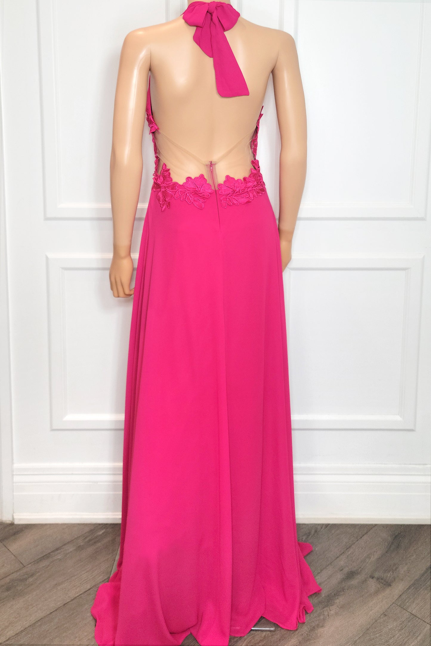 Floral Lace Belt Halter Gown