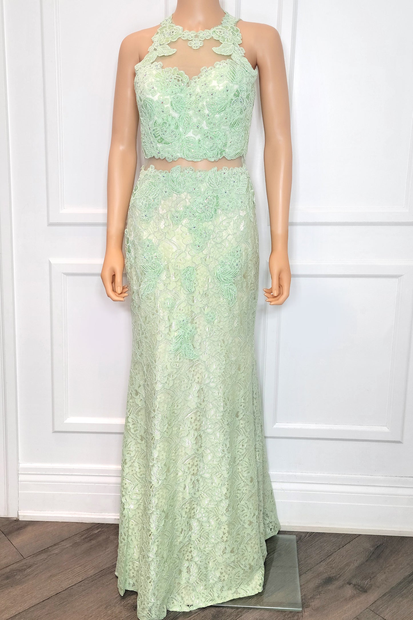 Beaded Lace Halter Gown