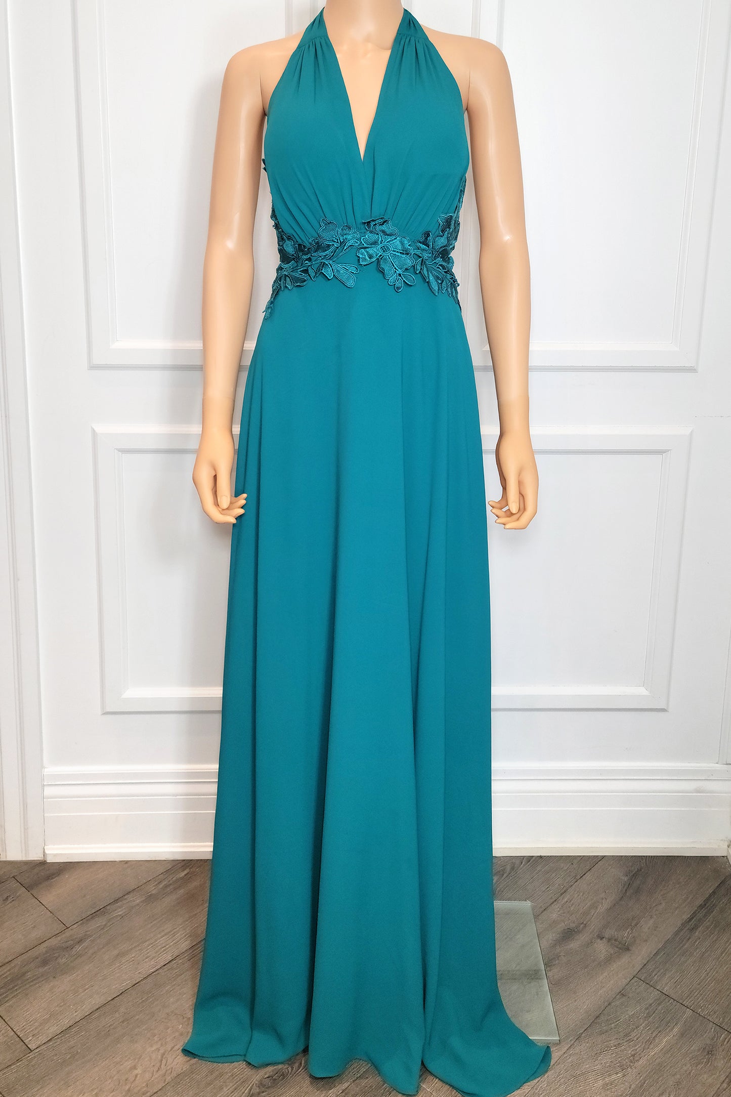 Floral Lace Belt Halter Gown