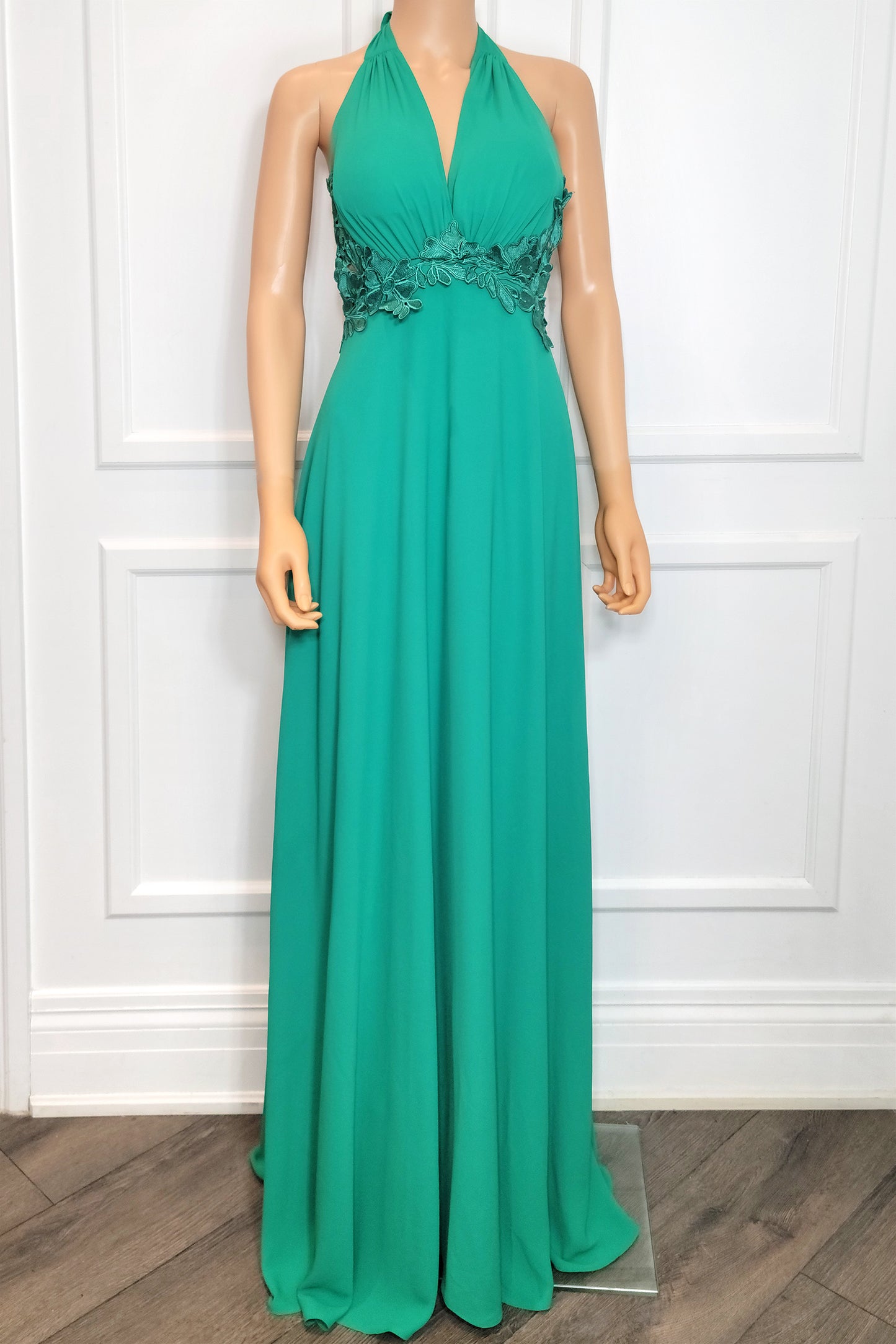 Floral Lace Belt Halter Gown