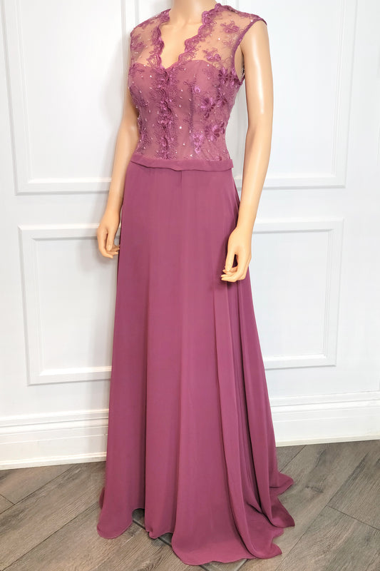 Floral Lace Bodice Chiffon Gown