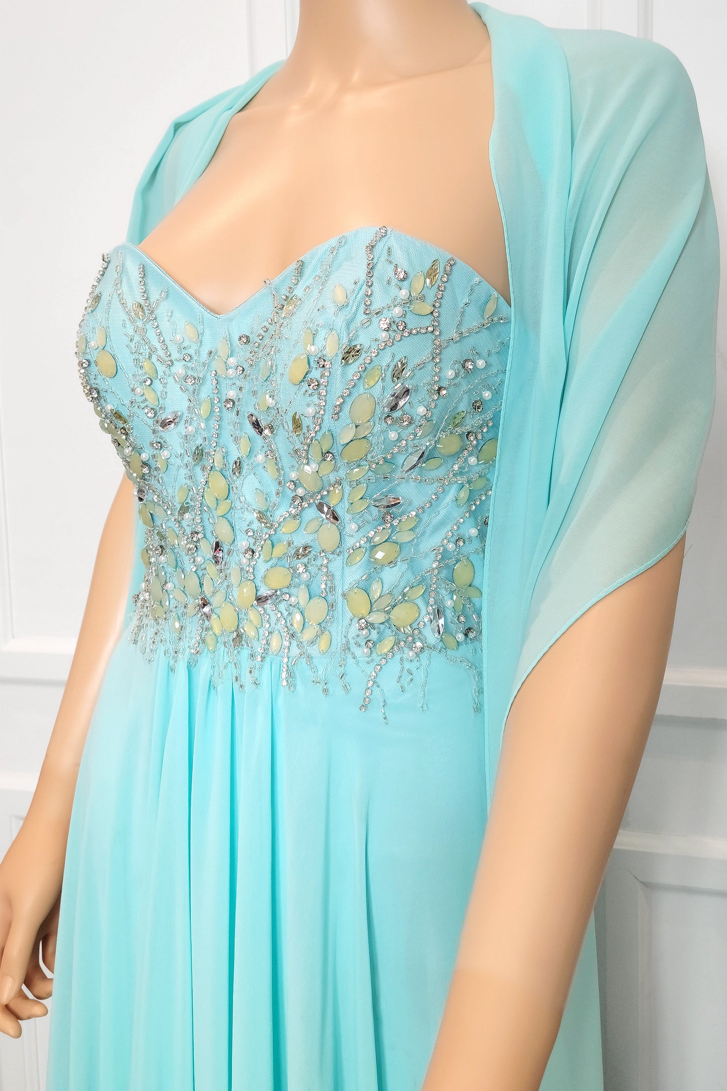 Beaded Bodice Strapless Gown with Shawl